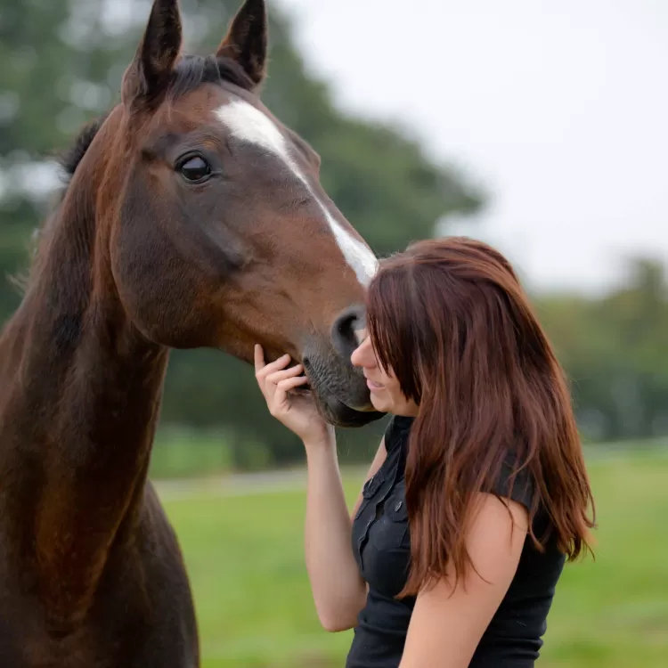 Woman stroking horse whilst on wellness retreat in Marlow near London